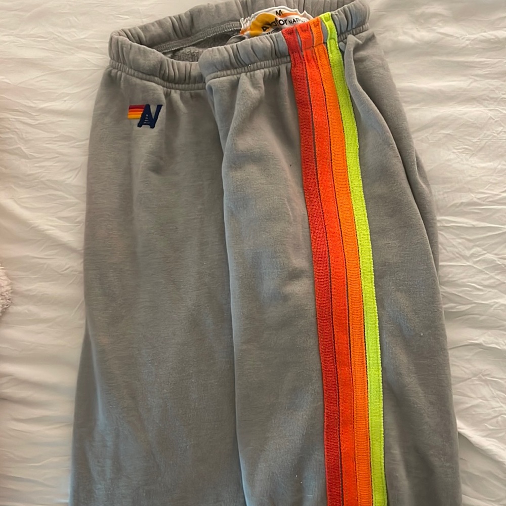 Aviator Nation Neon Rainbow Striped Grey Sweatpants